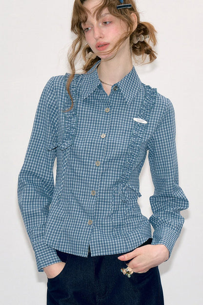 Blue Plaid Slimming Long Sleeve Blouse