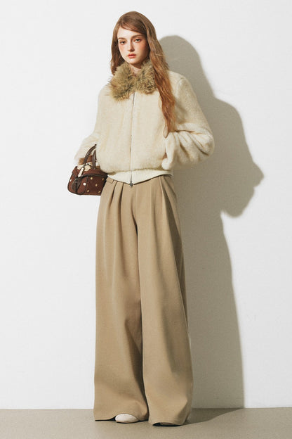 Dünne Wollhose mit asymmetrischem Bund und weitem Bein