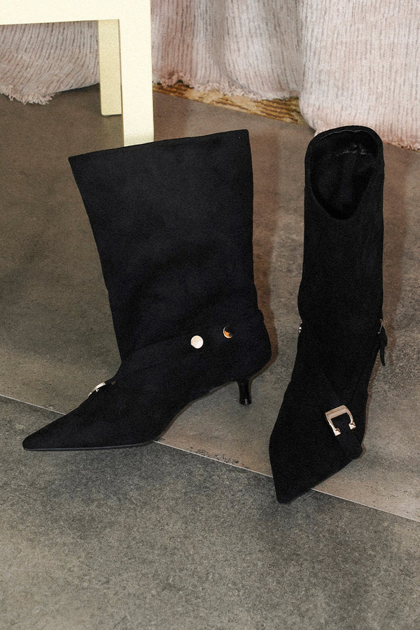 Suede Wide-Calf Stiletto Heel Belt Buckle Boots