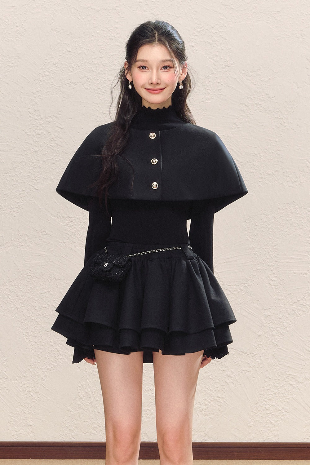 Black Long-Sleeve Base Shirt and Knitted Skirt Set-Up