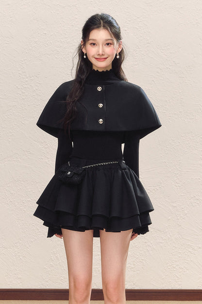 Black Long-Sleeve Base Shirt and Knitted Skirt Set-Up