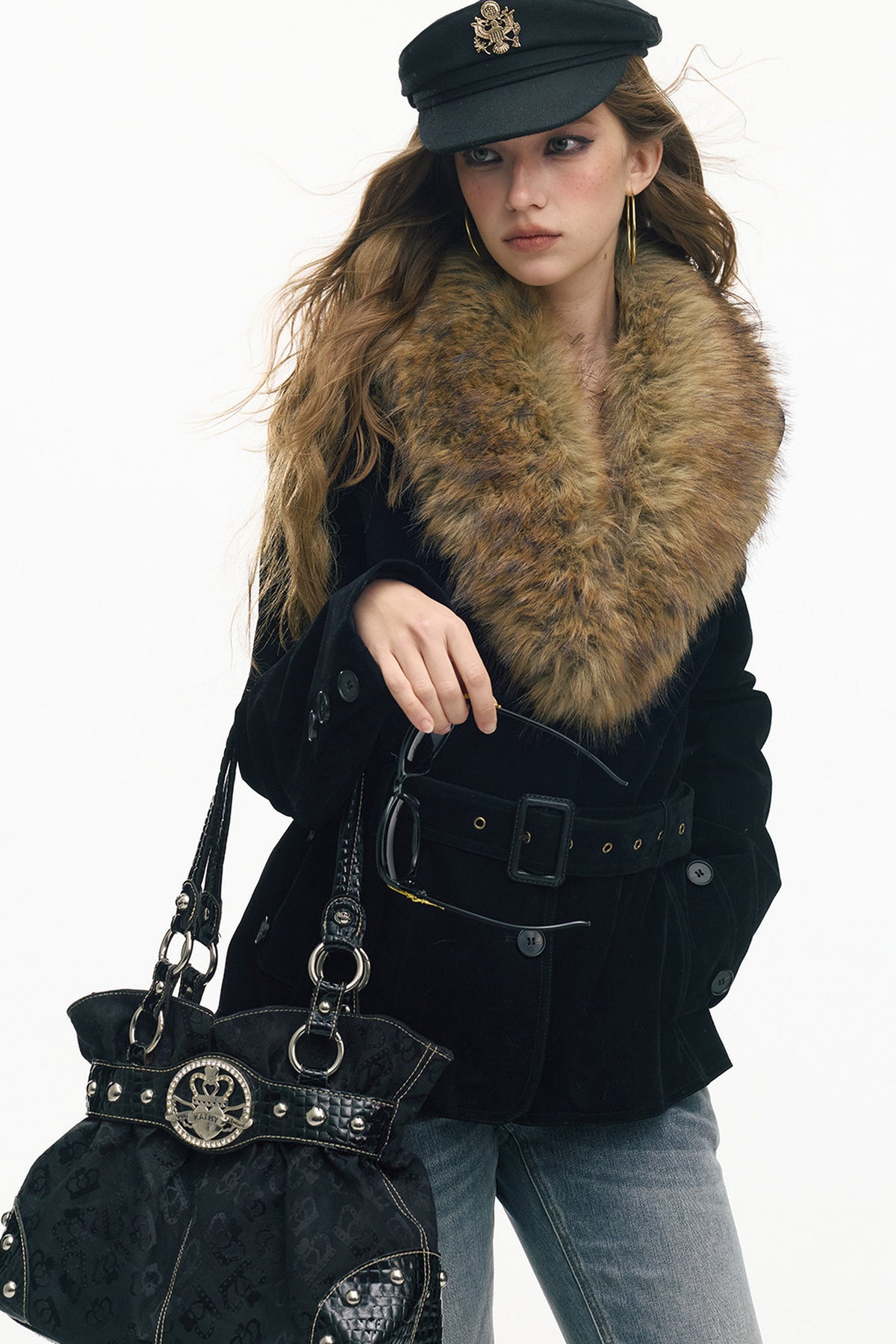 Belted Suede Fur Collar Jacket