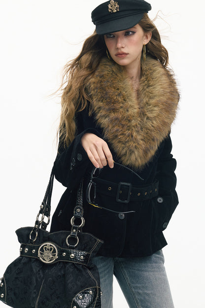 Belted Suede Fur Collar Jacket