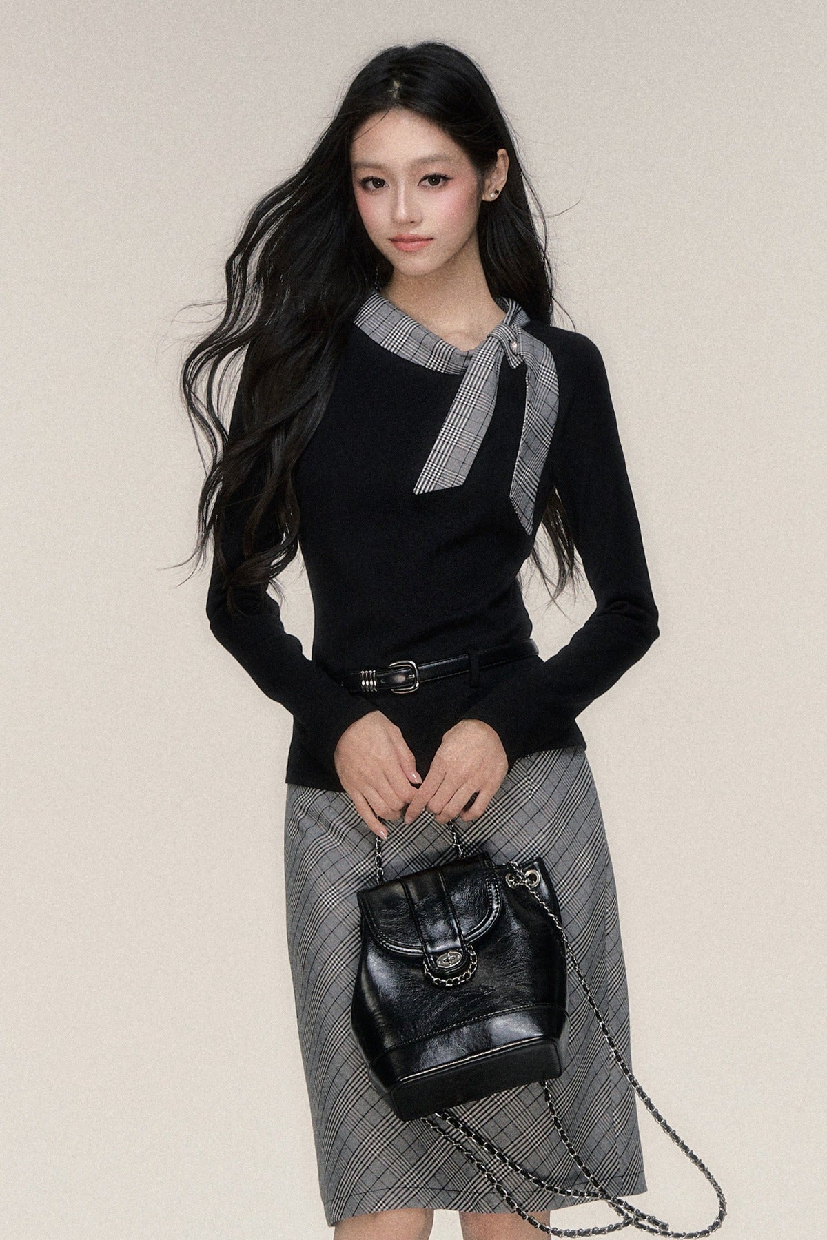 Plaid Ribbon Knit Top and Skirt Set-Up