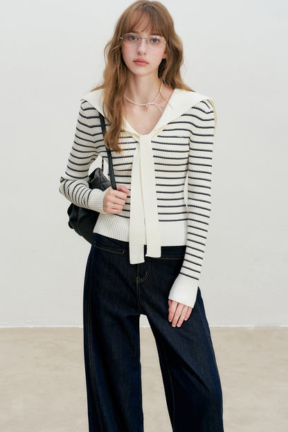 Navy Striped Sailor Collar Knit Top