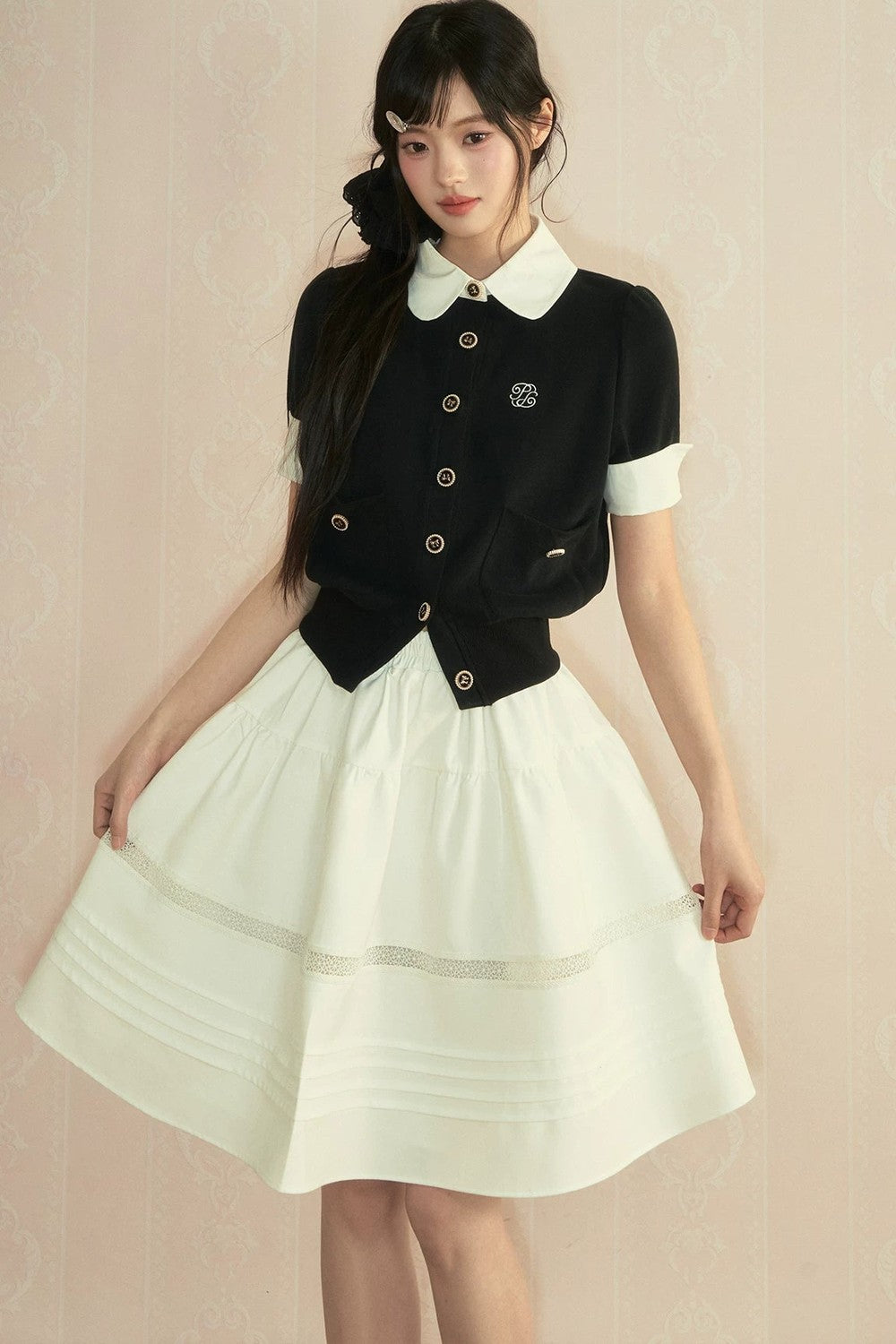 Color-Block Knit Cardigan and Pleated Skirt Set-Up