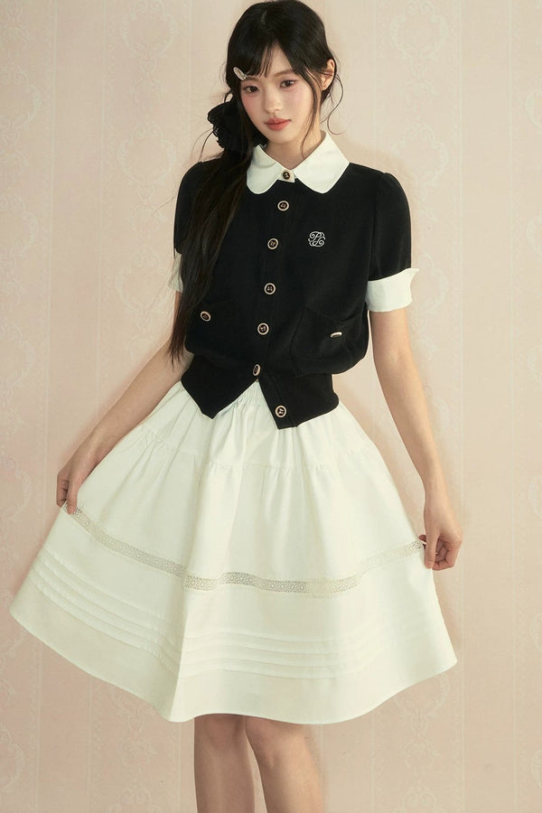 Color-Block Knit Cardigan and Pleated Skirt Set-Up