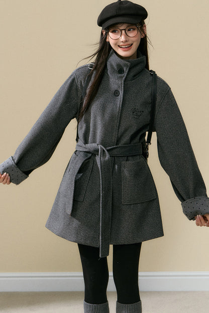 Polka Dot Sleeve Woolen Coat