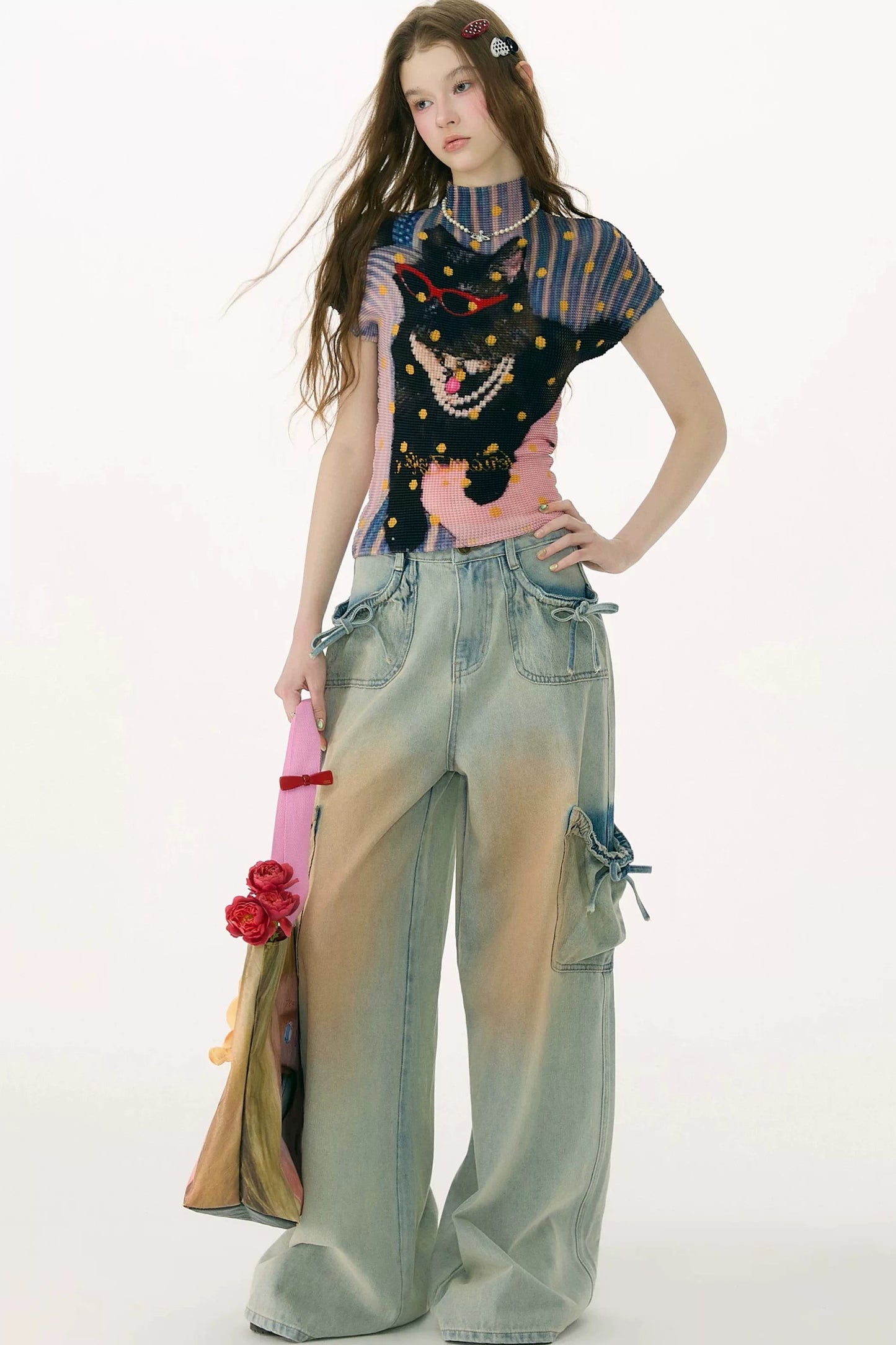 Pantaloni in denim retrò con fiocco