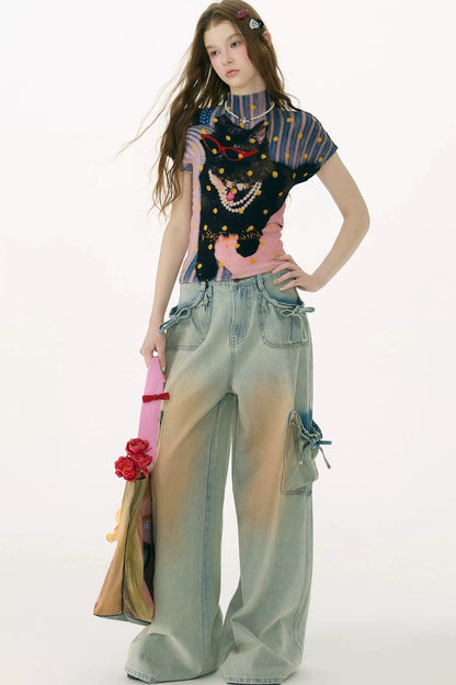 Pantaloni in denim retrò con fiocco