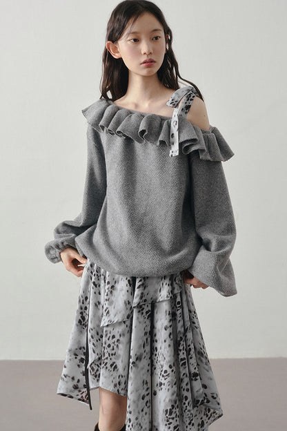 Gray Off-Shoulder Sweater Leopard Skirt Set-Up