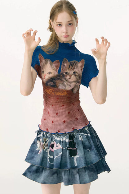 Blusa a blocchi di colore con stampa di gatti