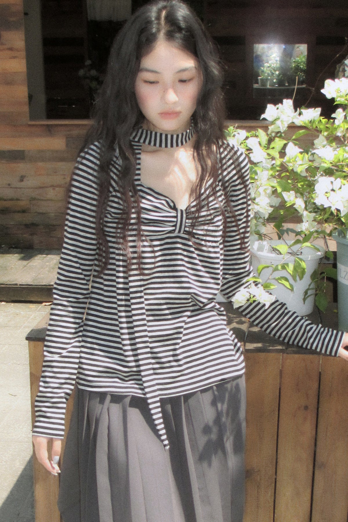 Striped Long-Sleeved Ribbon Bow T-shirt