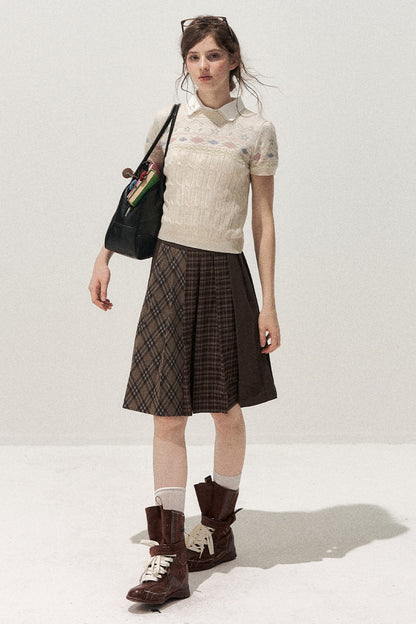 Retro Fair Isle Argyle Short-Sleeve Knit Sweater and Skirt Set-Up