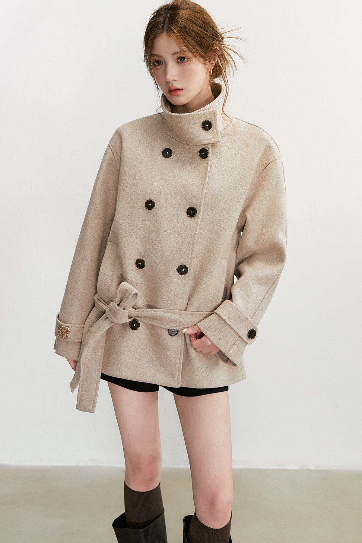 50% Wool Double-Breasted Tie Waist Jacket