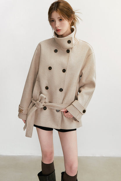 50% Wool Double-Breasted Tie Waist Jacket