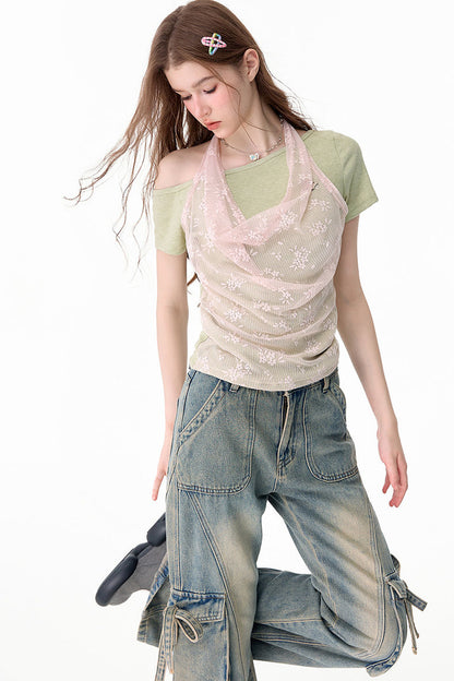 Maglia sovrapposta all'americana in pizzo floreale a maniche corte