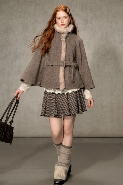 Floral Fur Collar Woolen Cape