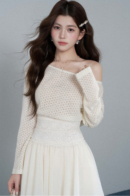 French Hollow-Out Lace Off-Shoulder Dress