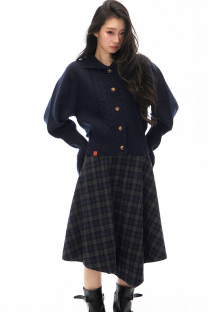 Navy Blue Plaid Jacket and Skirt Set-Up