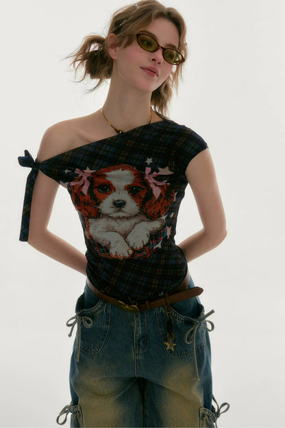 Star Dream Off-Shoulder Plaid T-Shirt