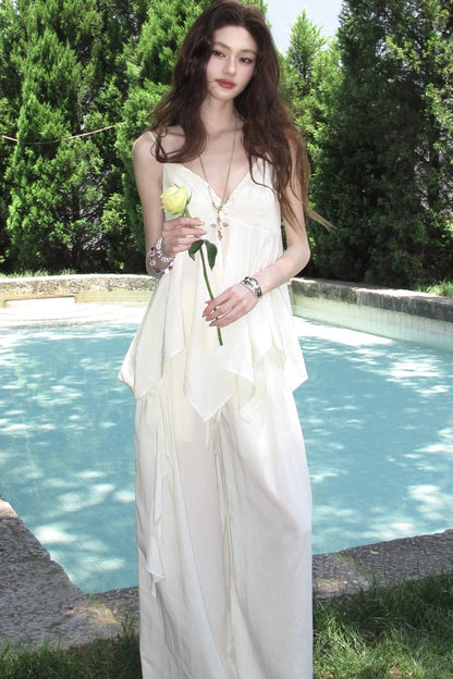 Relaxed V-Neck Camisole And Wide-Leg Pants Set-Up