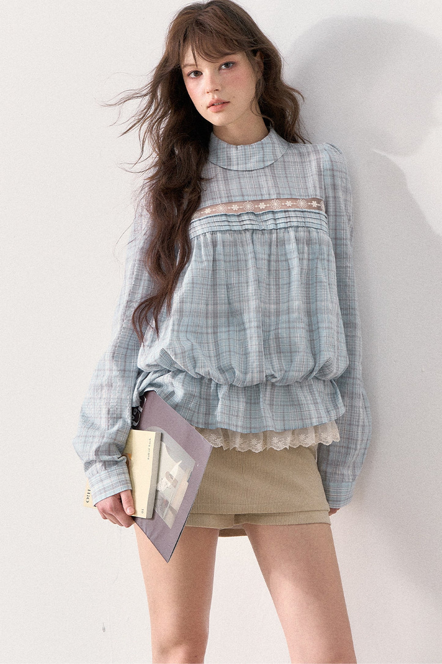 Mint Plaid Lace Blouse