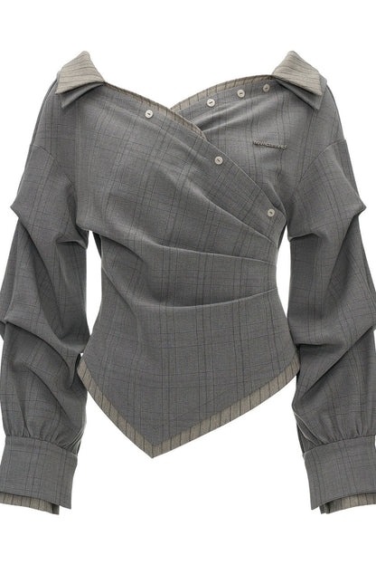Irregular Textured Plaid Off-Shoulder Shirt
