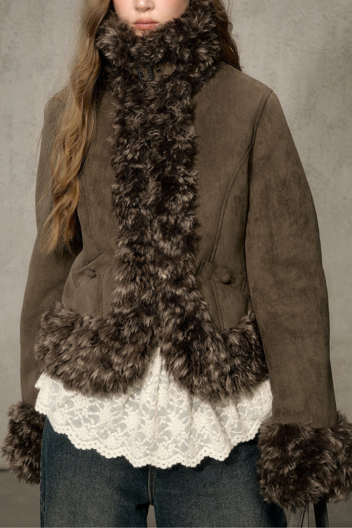 Faux Suede Short Fuzzy Collar Jacket