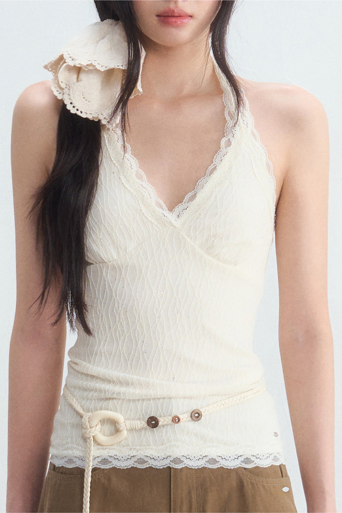 Textured Lace Halter Top And Trousers Set-Up