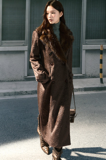 Long Woolen Fur Collar Blazer-Style Coat