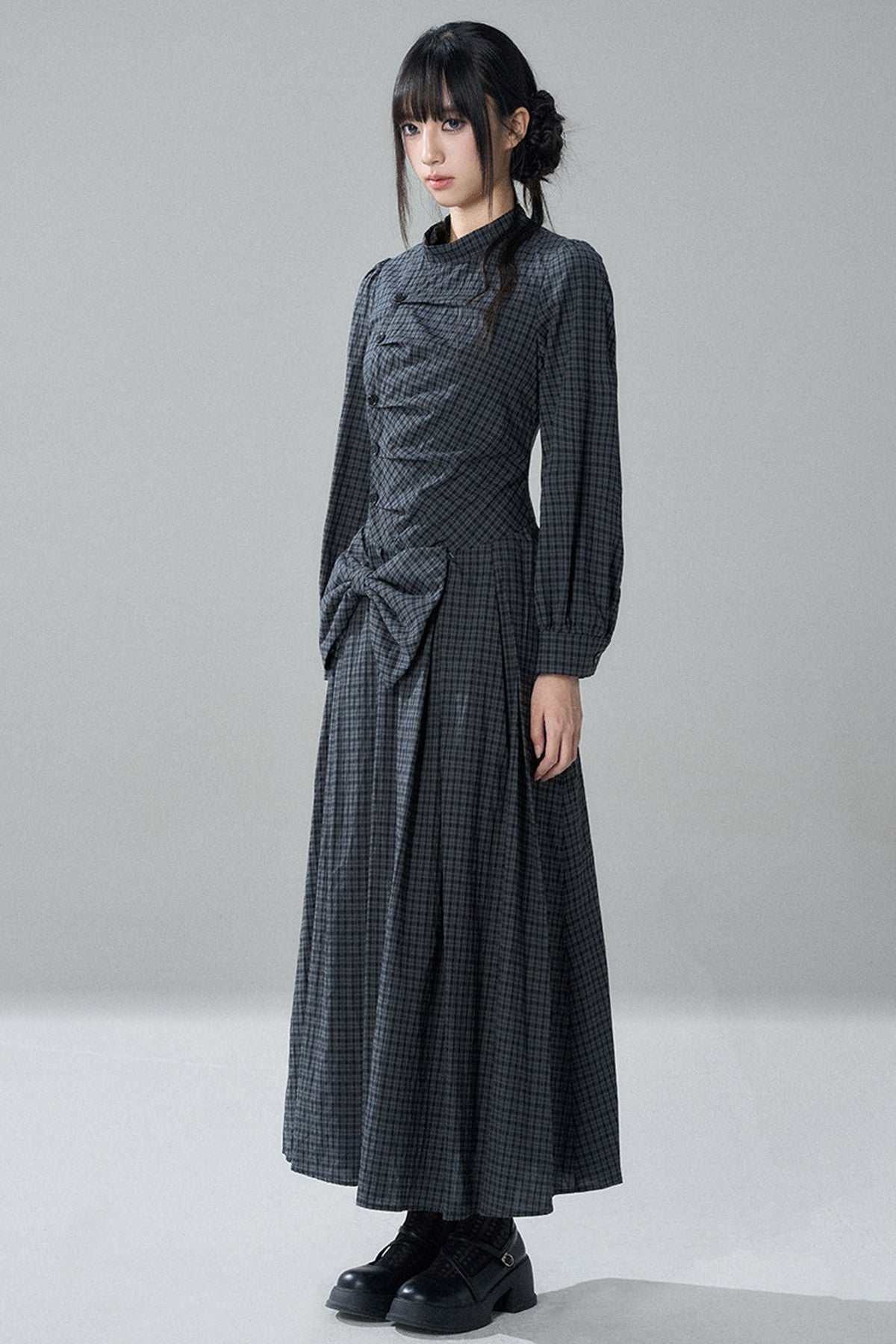 Plaid Bow Long Sleeve Dress