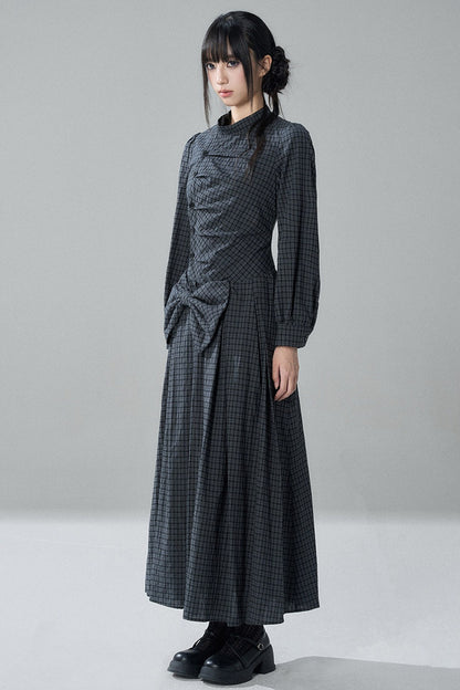 Plaid Bow Long Sleeve Dress