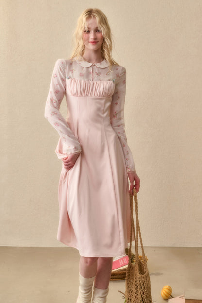 Peach Floral Satin Tencel Dress With Skirt Set-Up