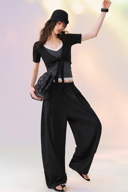 Lace Trim Tie-Front Knit Cardigan Set-Up