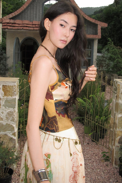 Printed Satin Bias Cut Cowl Neck Camisole