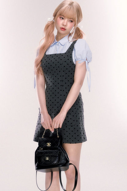 Blue Short-Sleeved Bow Puff Sleeve Shirt