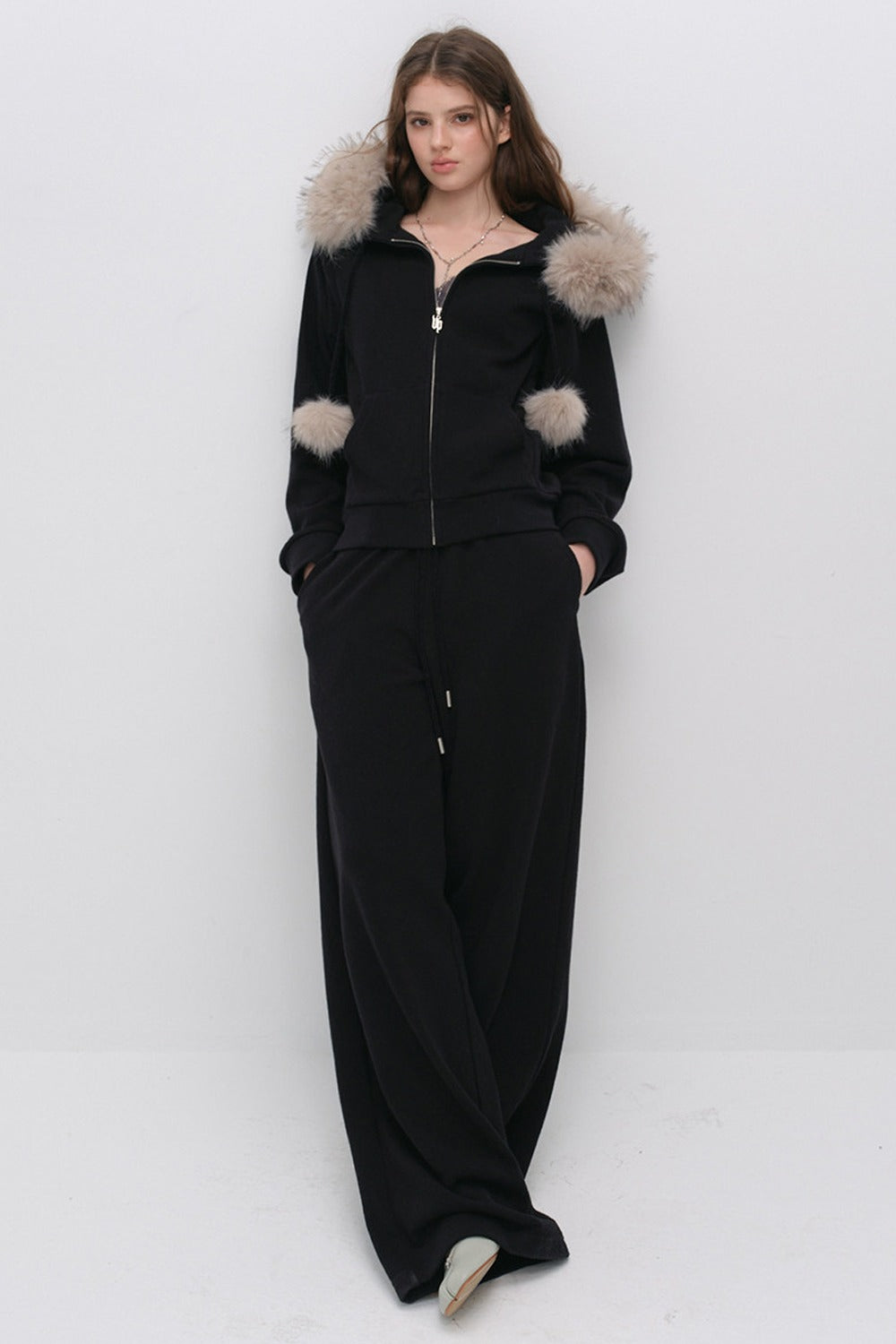 Fur Trim Hooded Sweatshirt and Sweatpants Set-Up