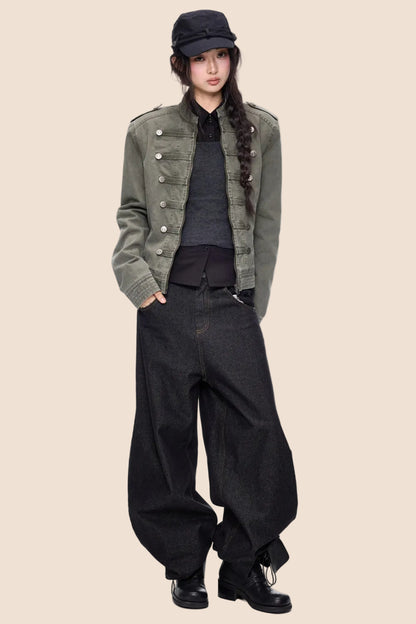 Short Double-Breasted Vintage Denim Jacket