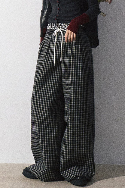 Drawstring Plaid Wide-Leg Pants