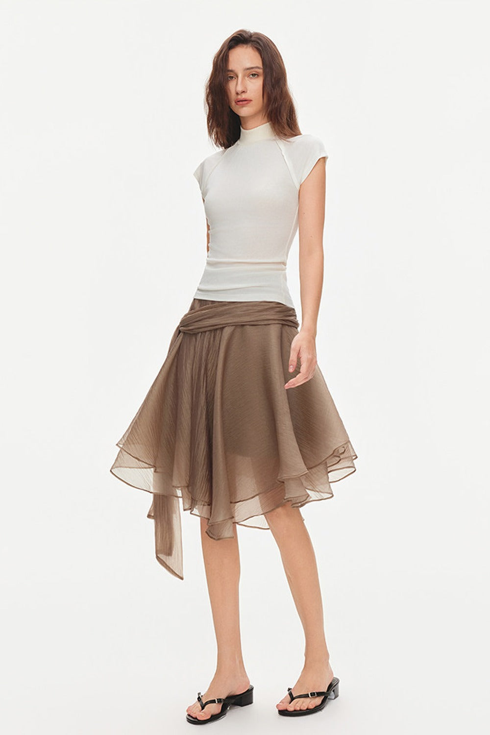 Asymmetrical Tie Waist Sheer Midi Skirt