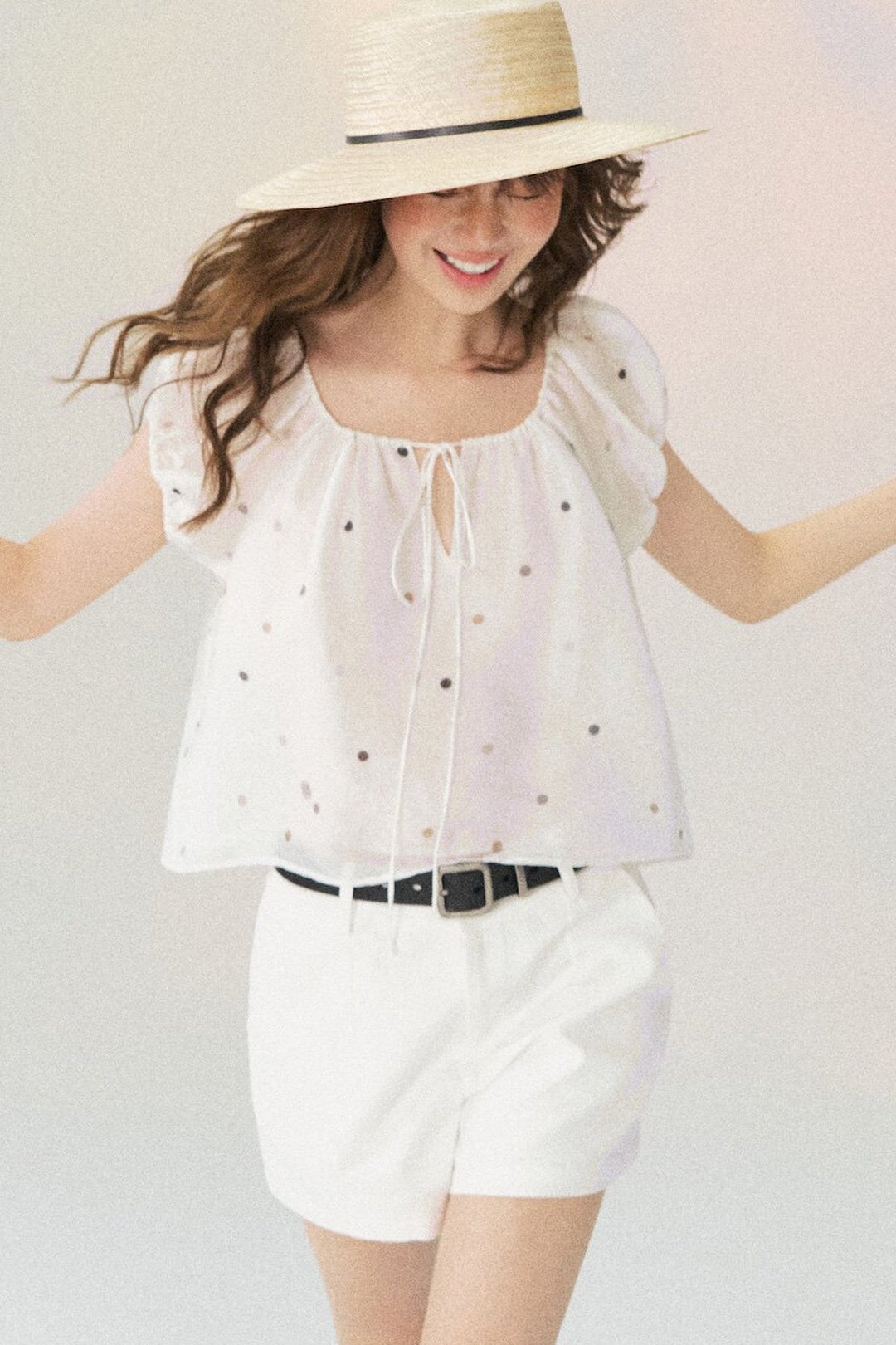 Polka Dot Puff Sleeve Drawstring Top