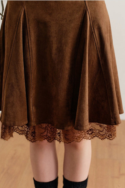 Faux Suede Lace Patchwork Skirt