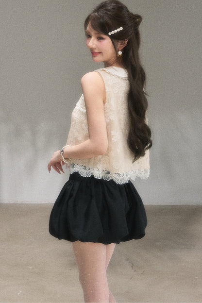 Doll Collar Lace Top and Floral Skirt Set-Up