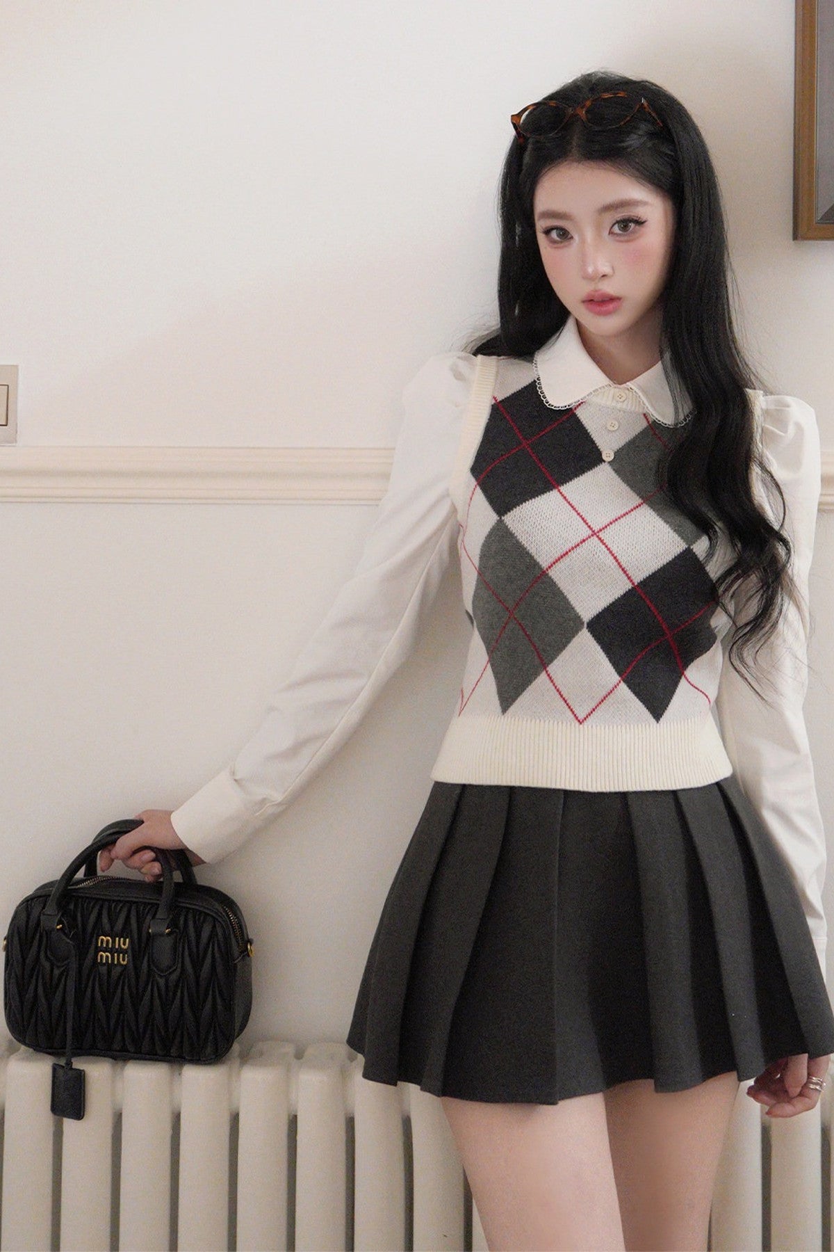 Blouse preppy à manches longues et col Claudine