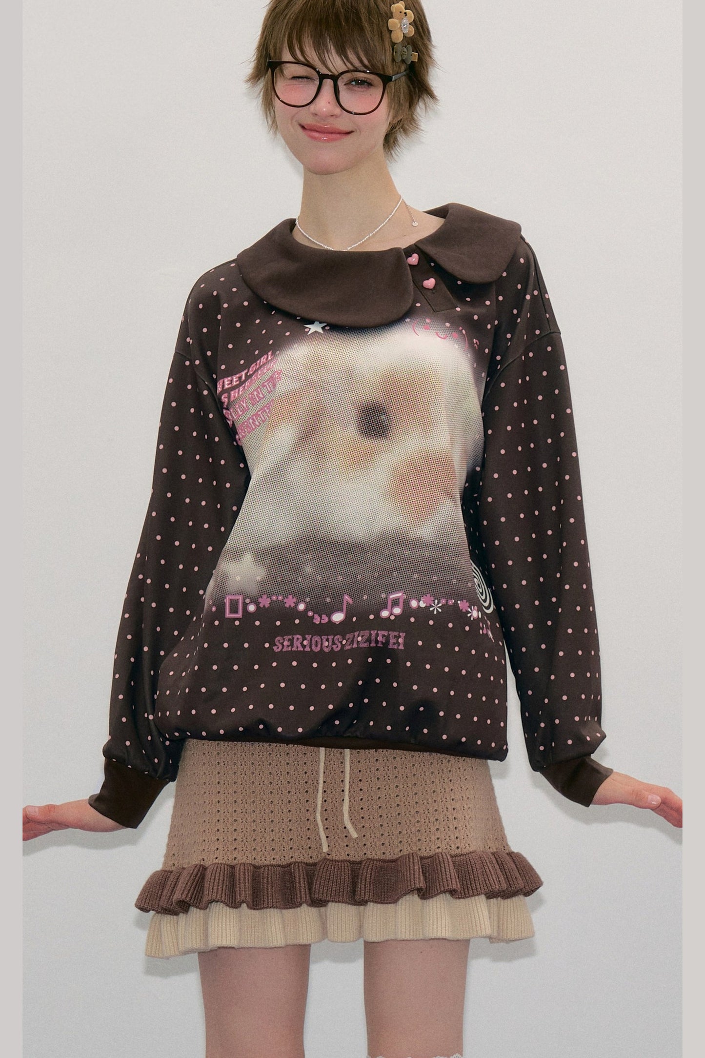 Polka Dot Rabbit Print Doll Collar Sweatshirt