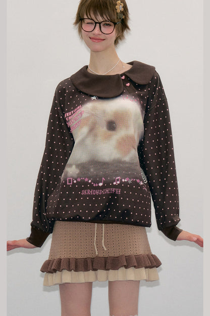 Polka Dot Rabbit Print Doll Collar Sweatshirt