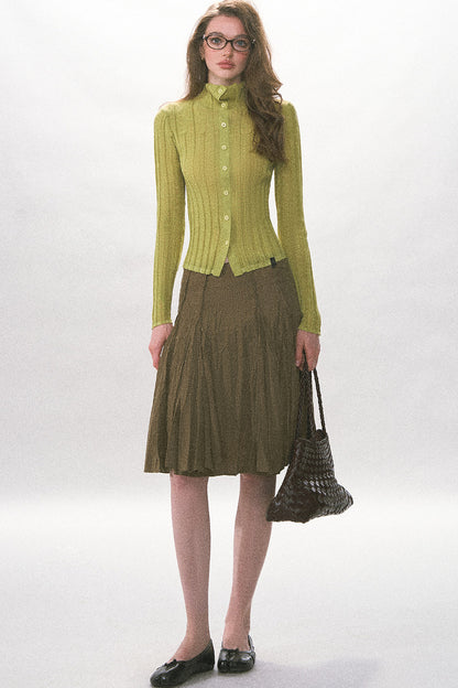 Single-Breasted Vertical Ribbed Stand Collar Knit Cardigan