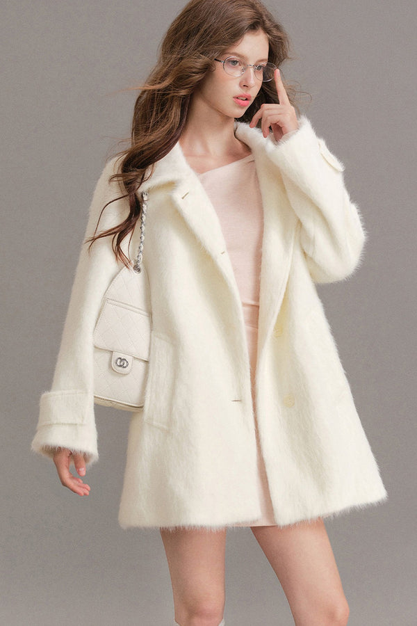 Faux Mink Wool Mid-Length Drop-Shoulder Coat