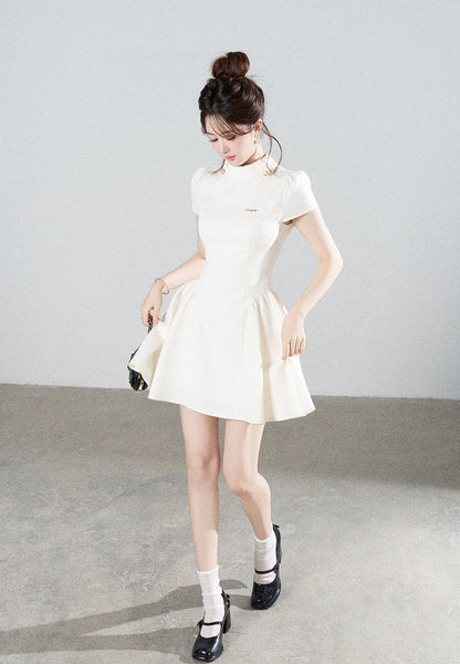 White Waist-Cinching A-Line Dress
